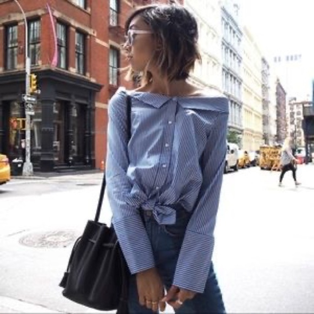Zara Striped Off the Shoulder Button Up Top size Small